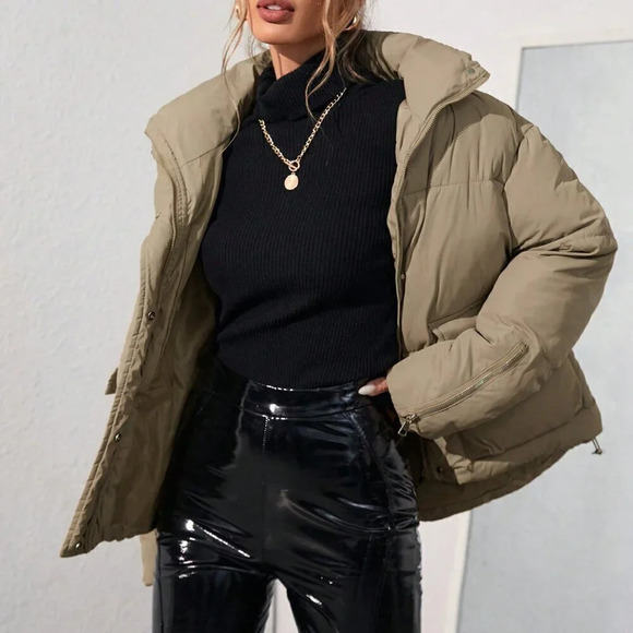 Khaki Casual Women's Loose Stand Collar Padded Puffer Coat - Picture 3 of 6